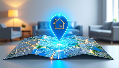 Digital map with glowing house icon pinpoint