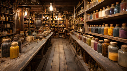 A witch's apothecary filled with shelves of magical ingredients and potions in dusty bottles. 