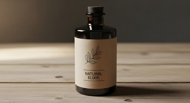 natural elixir bottle on wooden table