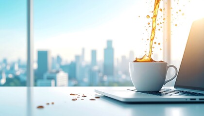 Coffee pouring onto a laptop in an office setting