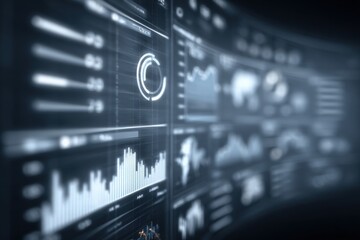 The dashboard displays multiple charts and graphs, illustrating performance metrics and trends. The visuals are designed for data analysis and interpretation in a modern technological environment.
