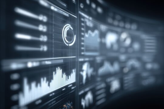 The dashboard displays multiple charts and graphs, illustrating performance metrics and trends. The visuals are designed for data analysis and interpretation in a modern technological environment.