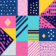 Fototapeta premium Modern abstract design is showcased through the use of colorful and trendy geometric flat elements in the Memphis pattern, accompanied by a pop art style texture, ideal for posters and cover