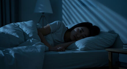 Sleeplessness: Stressed young woman struggling to fall asleep at night