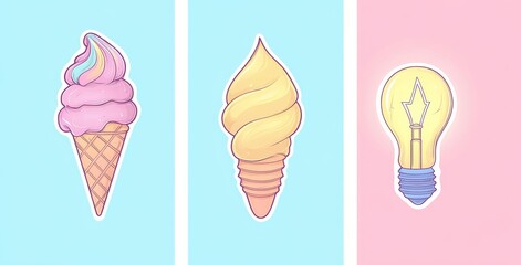 Obraz premium Pop art style icon of ice cream accompanied by a light bulb and thunderbolt in modern illustration design