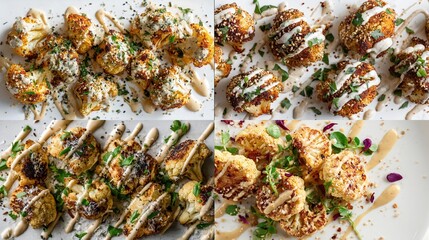 Four plates showing variations of roasted cauliflower with sauces and herbs