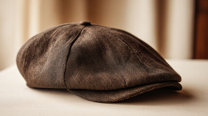 Textured tweed newsboy cap angled three-quarter, herringbone detail and panel seams in tight clarity.