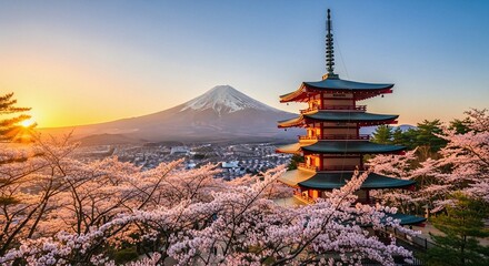 Chureito Pagoda, Mount Fuji, and cherry blossoms at sunset in Japan with a blue sky	
