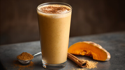 Vanilla pumpkin protein latte with frothy top and cinnamon dusting