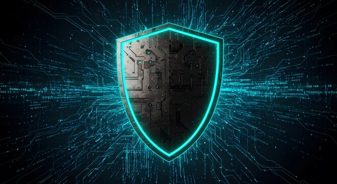 Illustration of a Cyber shield overlaying code matrix