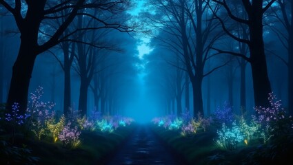mystical path surrounded by illuminated flora through a foggy forest