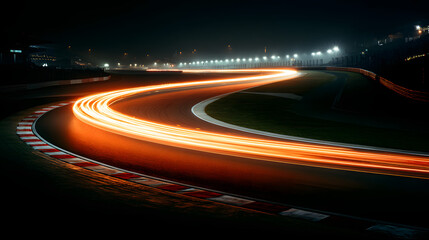 Fiery trails of a speeding car illuminate a race track at night, creating a dramatic and dynamic scene