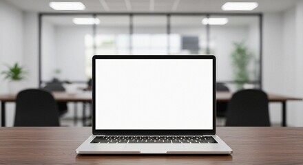 Front view of a laptop with a blank white screen on a wooden table in an office, with a blurred background.	
