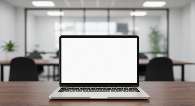 Front view of a laptop with a blank white screen on a wooden table in an office, with a blurred background.	