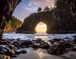 Dramatic coastal archway at sunset
