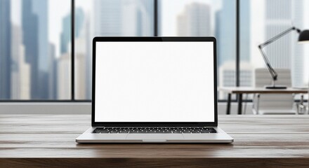 Front view of a laptop with a blank white screen on a wooden table in an office, with a blurred background.	