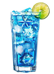 Vibrant blue cocktail with ice and lime
