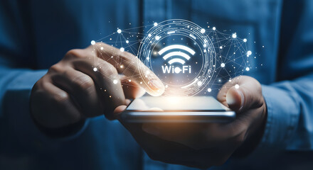 Person Holding Smartphone with Digital Wifi Symbol Overlays in Blue Tones and Soft Lighting