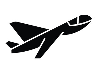 Black silhouette of airplane in takeoff position on white background