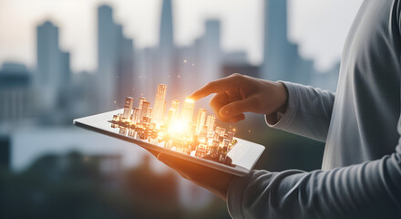 Person Holding Tablet Displaying Digital City Model with Radiating Light Against Blurry Skyline