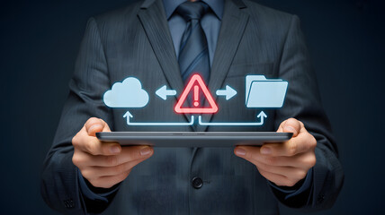 Businessman manages cloud data flow with warning alert on tablet