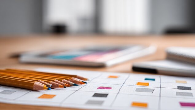 Home office color palette design pencils paper