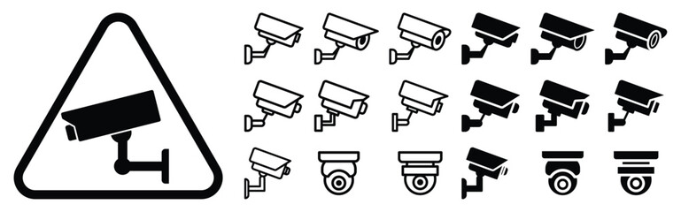 Security Camera Icons and Warning Sign for Surveillance Systems Usage