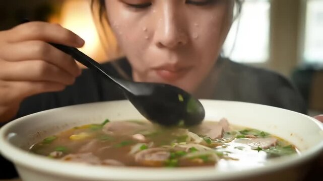Close-up of person eating steaming hot pho