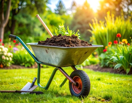 Garden wheelbarrow filled with soil, sunny day