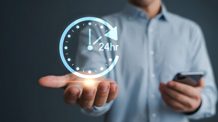 Business professional showcases 24hr service concept with glowing clock graphic