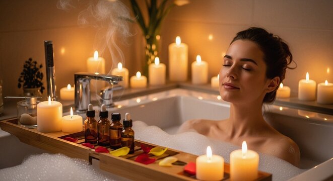 A serene stock photo of a woman enjoying a bubble bath in a dimly lit bathroom, surrounded by candles and essential oils.	