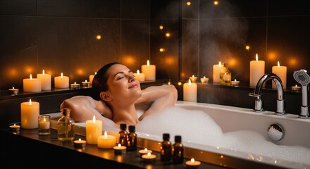A serene stock photo of a woman enjoying a bubble bath in a dimly lit bathroom, surrounded by candles and essential oils.	