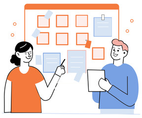 Minimal Flat Vector Of A Creative Team Sketching UI Ideas On A Whiteboard, Moodboards And Sticky Notes On Wall, Diverse Team Smiling And Interacting