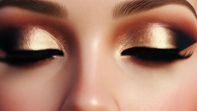 Close-up of Beautiful Eyes with Sparkling Golden Glitter Eyeshadow and Long Eyelashes