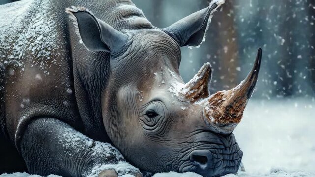 A snowy day with a rhino laying down in the midst of falling snow. This image showcases an unusual moment in nature where wildlife interacts with winter weather.