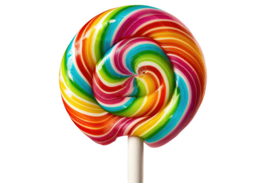 Vibrant swirl lollipop with a stick.  A round, colorful lollipop with a spiral pattern of rainbow hues, including red, orange, yellow, green, blue, and purple.  