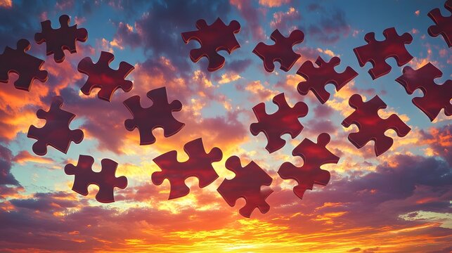 Sunset Puzzle Pieces Floating in Sky Abstract Background
