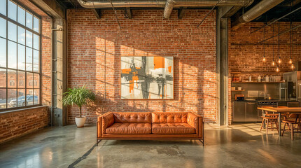 Modern loft apartment with exposed brick, a tufted leather sofa, abstract art, and a minimalist kitchen. Sunlight streams through large windows.