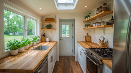 A cozy, sunlit kitchen featuring wooden countertops, white cabinetry, and a large window overlooking a green yard. Plants add a touch of nature.