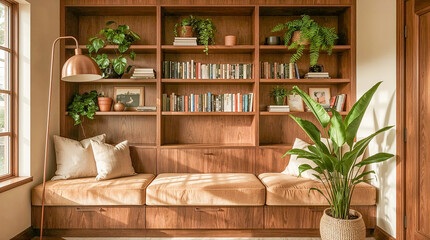 Obraz premium A cozy reading nook with a built-in wooden bookshelf, comfortable cushioned bench, reading lamp, and lush green plants, bathed in warm natural light.
