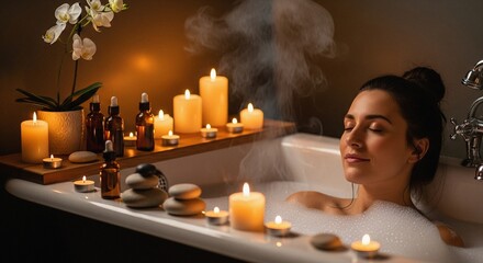 A serene stock photo of a woman enjoying a bubble bath in a dimly lit bathroom, surrounded by candles and essential oils.	