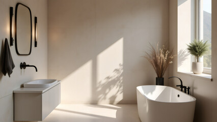Minimalist bathroom interior with modern fixtures and natural light.