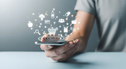 Person Holds Smartphone with Glowing Food Icons on Gray Background for Digital Online Shopping Concept