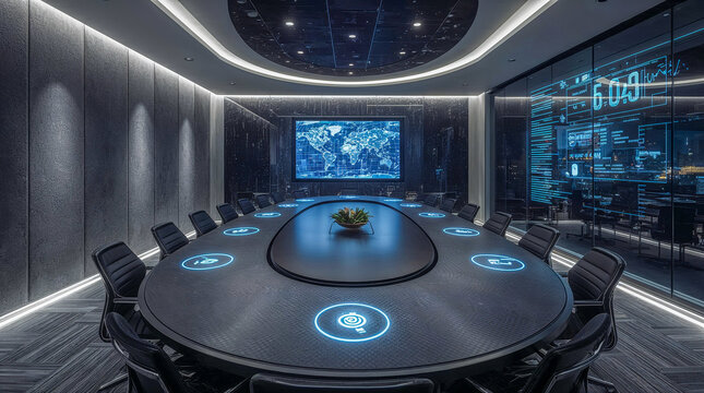 A futuristic boardroom with a large oval table, glowing blue circular symbols, and a world map displayed on a screen, reflecting a modern, high-tech environment.