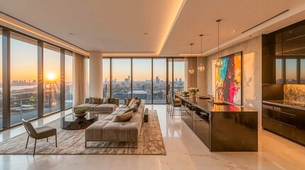 Luxurious penthouse living room with panoramic city views at sunset. Modern design, plush sofa, sleek kitchen island, and vibrant abstract art.