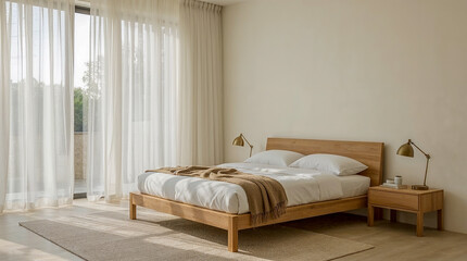 Minimalist bedroom featuring a wooden bed with white linens and a cozy throw, illuminated by natural light filtering through sheer curtains.