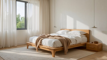 A minimalist bedroom featuring a wooden bed with crisp white linens and a cozy throw, illuminated by soft natural light streaming through sheer curtains.