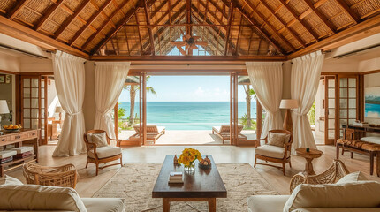 Luxurious beachfront living room with stunning ocean view, open-concept design, and natural materials like wood and thatch.