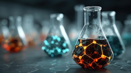 Chemical compounds in laboratory beakers for science and medical technology