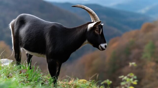 Majestic Black Goat on Hillside with Horns Raised, and Autumnal Mountain View.